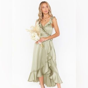 Show Me Your Mumu Bridesmaid Samantha Ruffle Wrap Dress Moss Green Luxe Satin